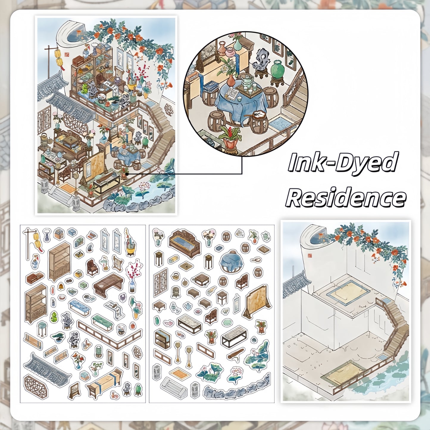 Ancient Pavilion 3D Sticker | 4 Cute Miniature Scenes