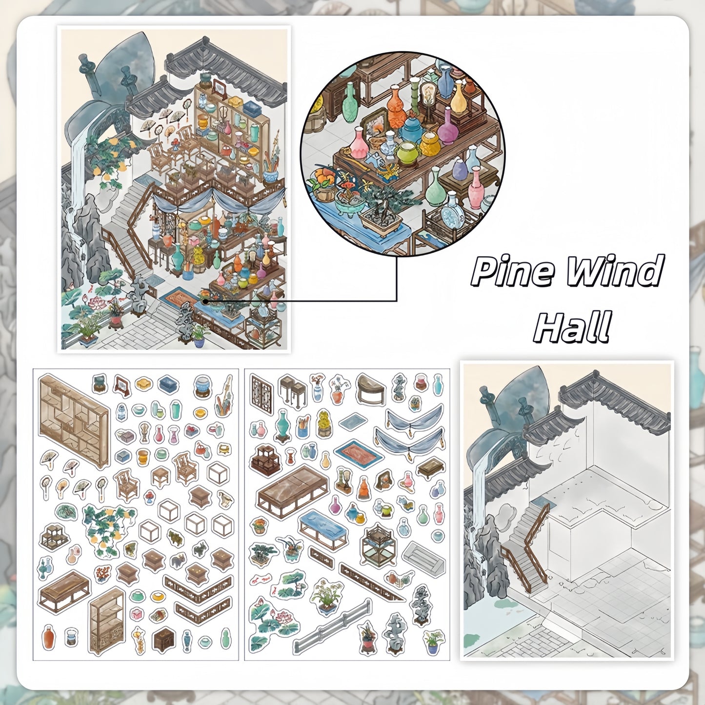 Ancient Pavilion 3D Sticker | 4 Cute Miniature Scenes