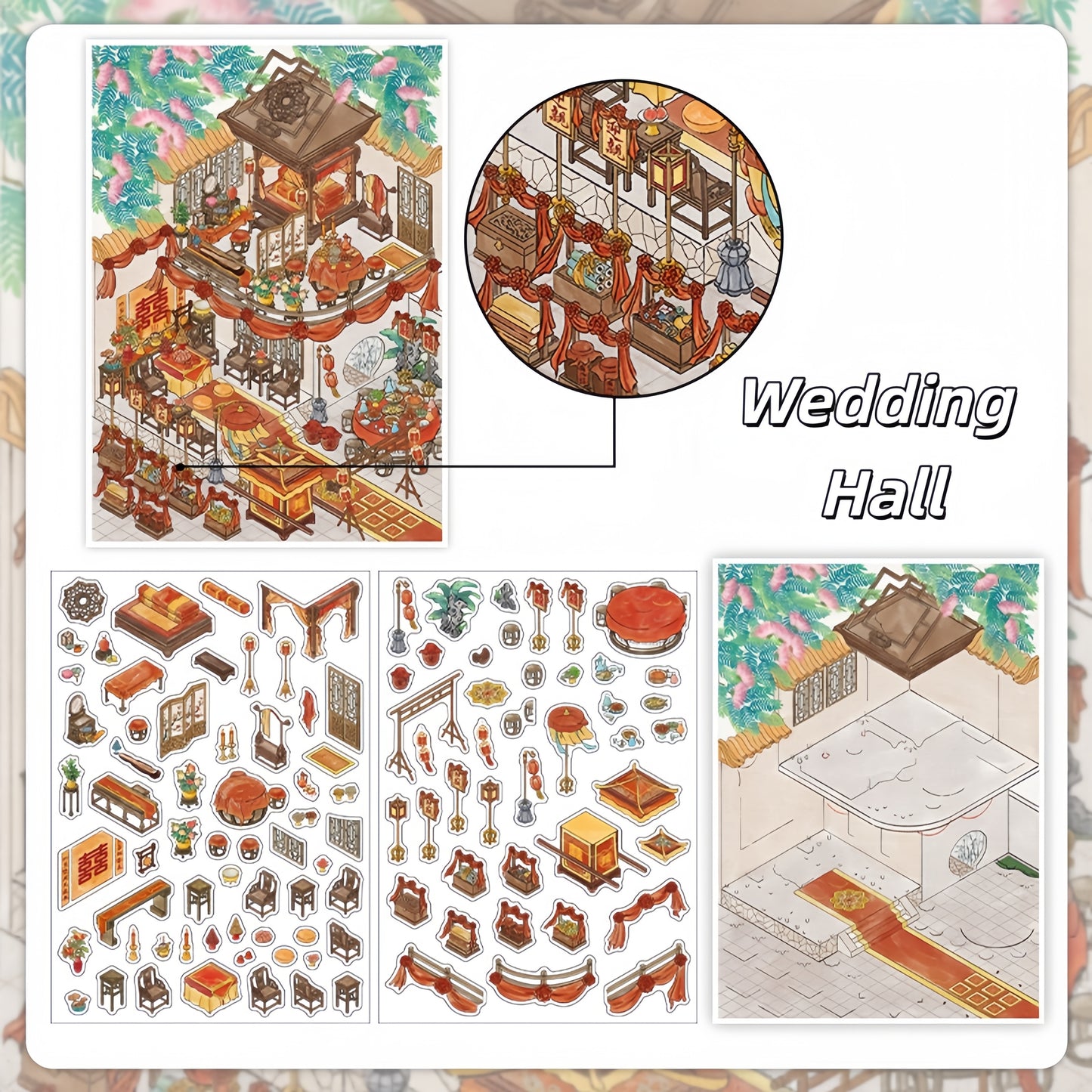 Ancient Pavilion 3D Sticker | 4 Cute Miniature Scenes