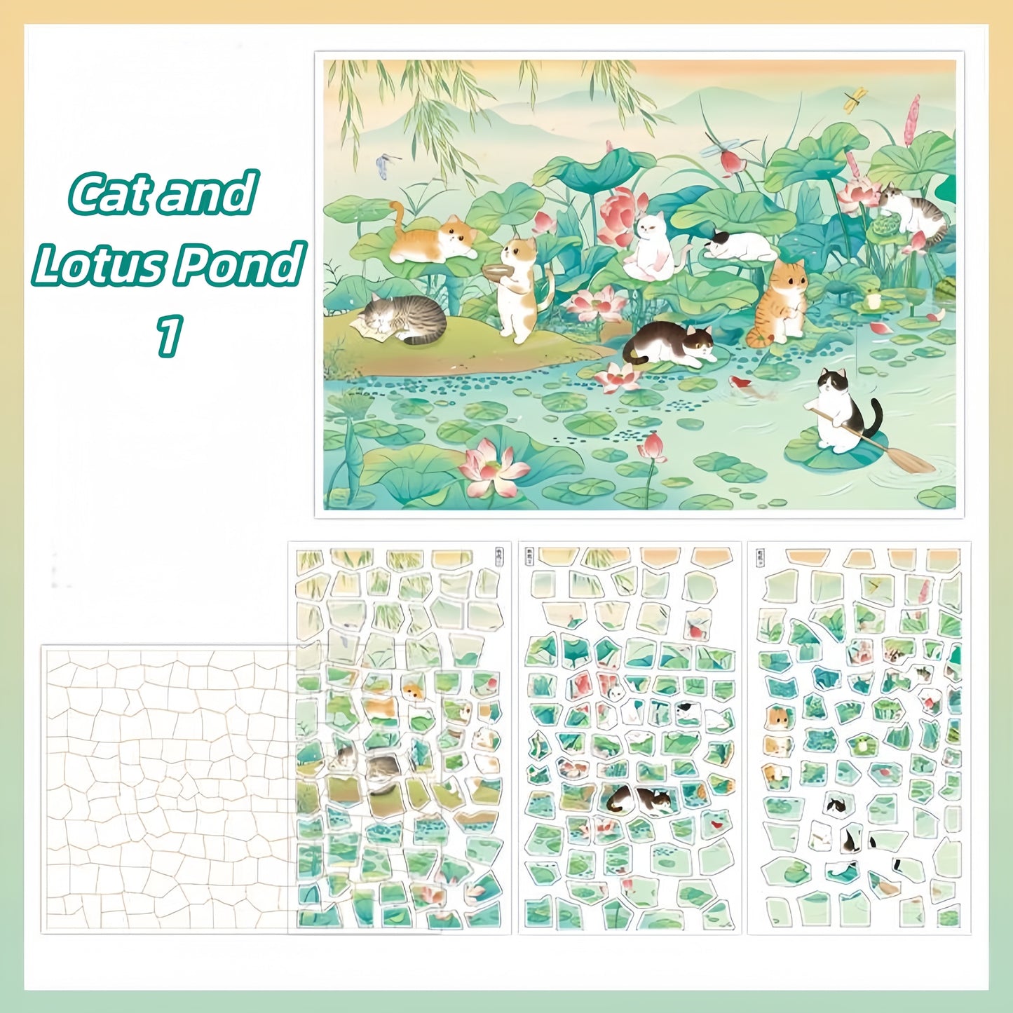 Cat and Lotus 3D Sticker | 2 Cute Miniature Scenes