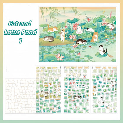 Cat and Lotus 3D Sticker | 2 Cute Miniature Scenes