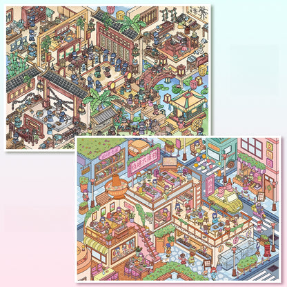 Market & Mystery 3D Sticker | 2 Cute Miniature Scenes