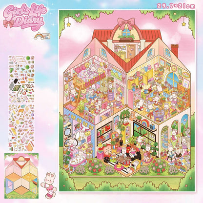 Rabbit Town 3D Sticker | 2 Cute Miniature Scenes