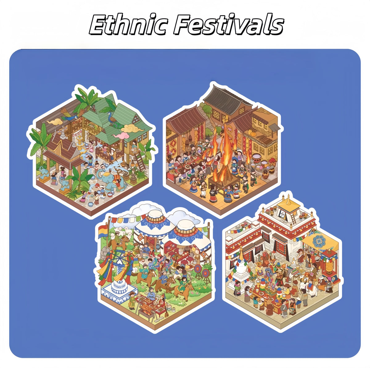 Ethnic Festivals 3D Sticker | 4 Cute Miniature Scenes