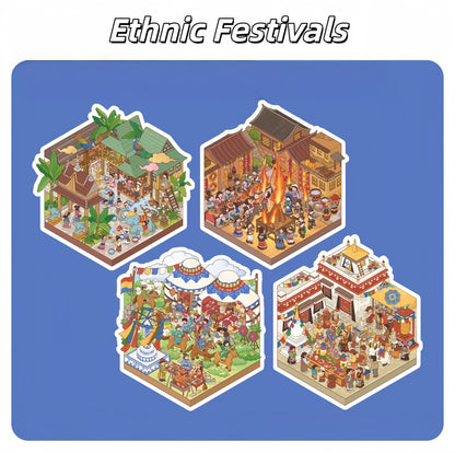 Ethnic Festivals 3D Sticker | 4 Cute Miniature Scenes