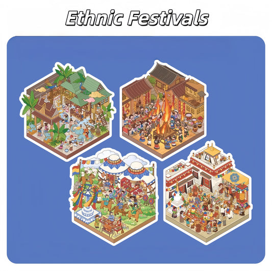 Ethnic Festivals 3D Sticker | 4 Cute Miniature Scenes