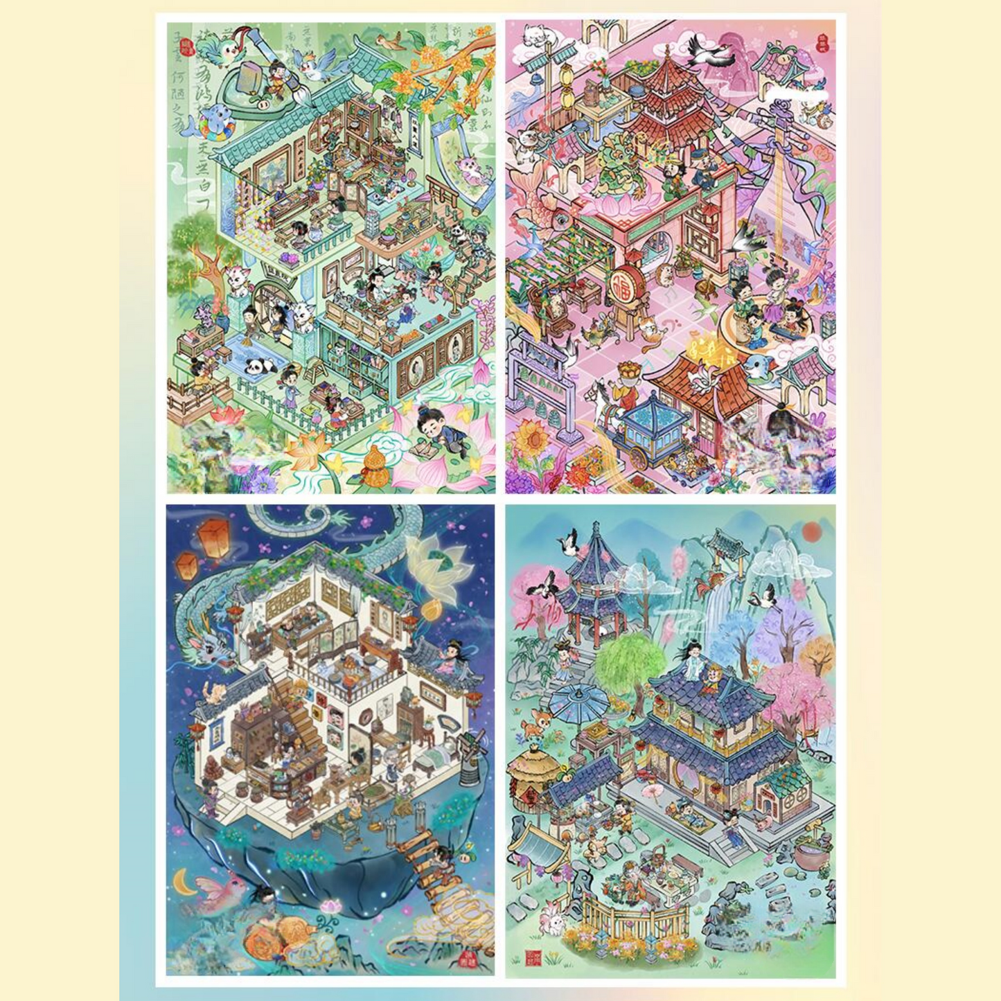 Ancient Chinese Retreats 3D Sticker | 4 Cute Miniature Scenes