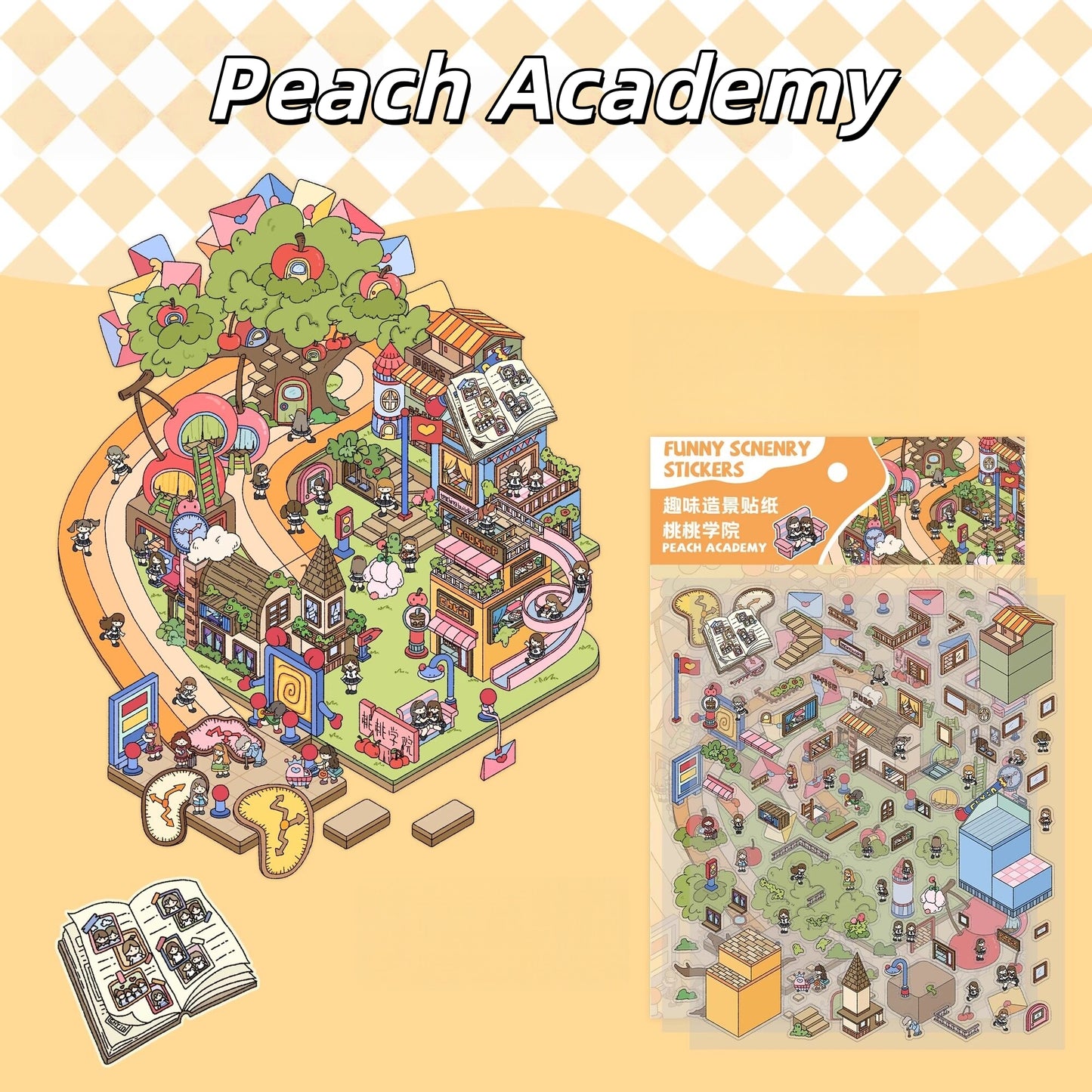 Peach Academy & Ancient Town 3D Sticker | 4 Cute Miniature Scenes