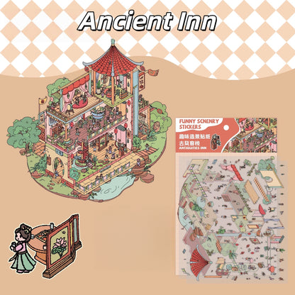 Peach Academy & Ancient Town 3D Sticker | 4 Cute Miniature Scenes