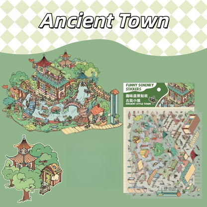 Peach Academy & Ancient Town 3D Sticker | 4 Cute Miniature Scenes