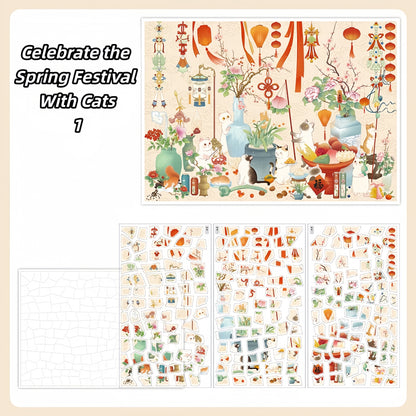 Celebrate the Spring Festival With Cats 3D Sticker | 2 Cute Miniature Scenes