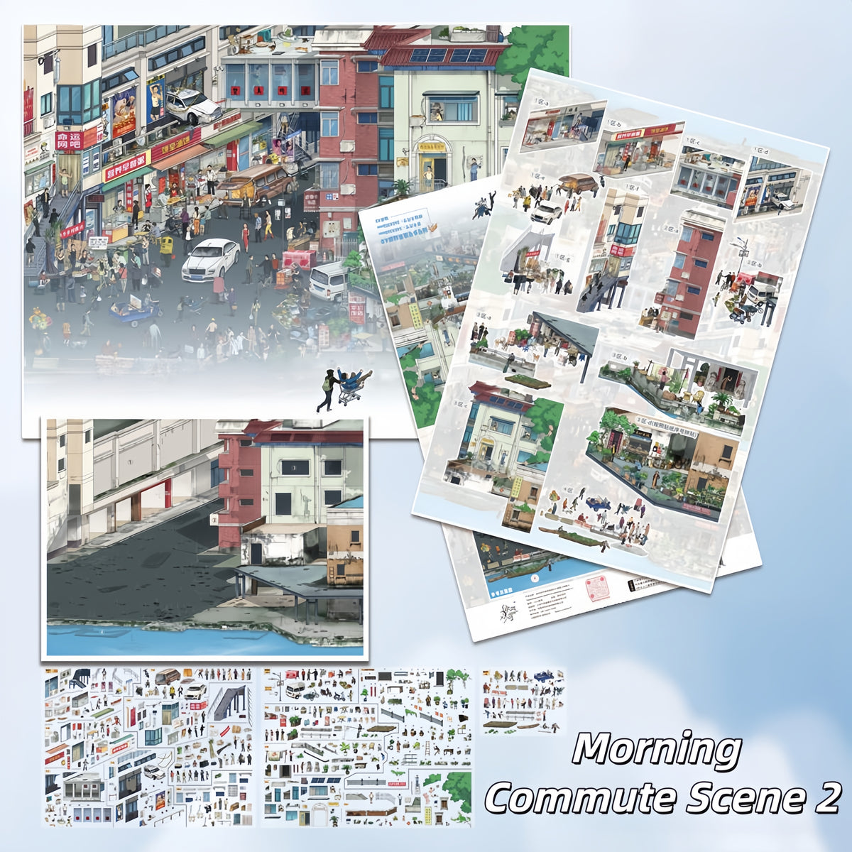Morning Commute Scene 3D Sticker | 2 Cute Miniature Scenes