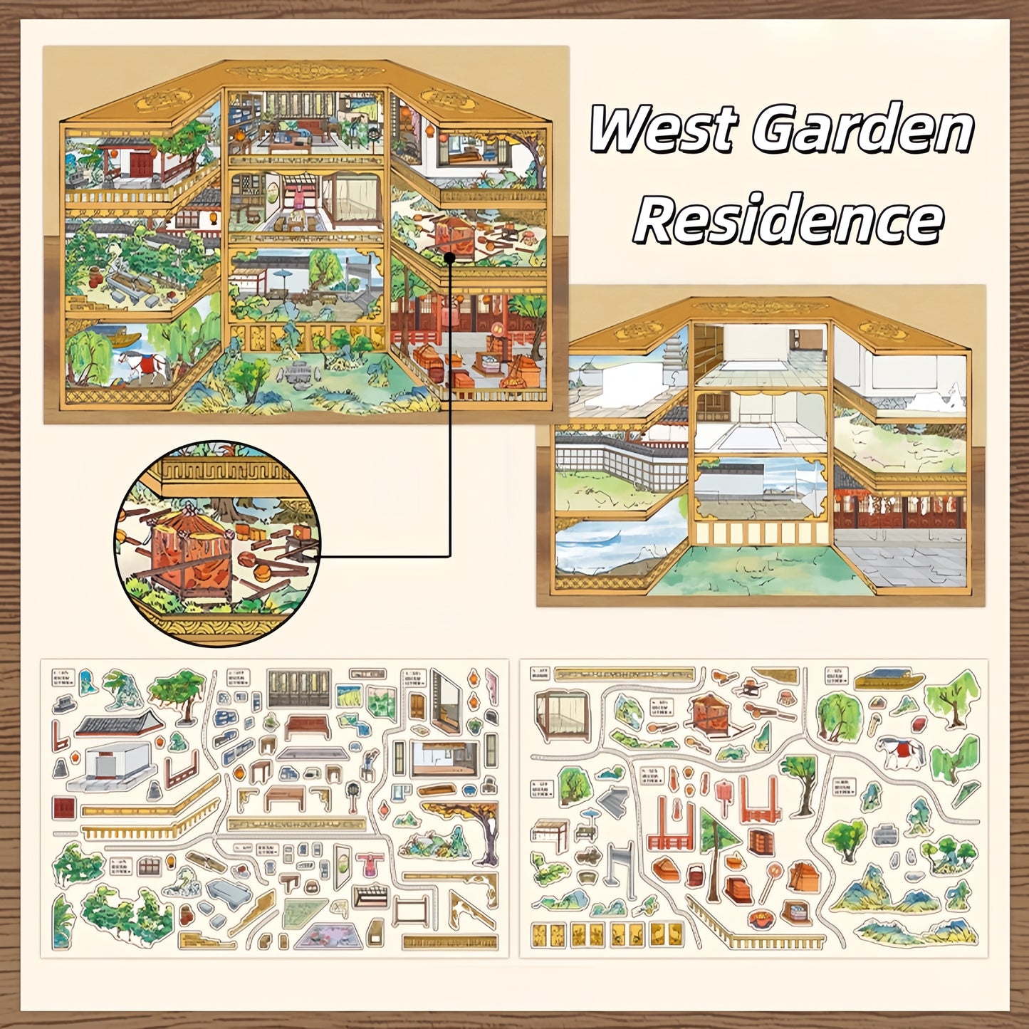 Oriental Dwellings 3D Sticker | 2 Cute Miniature Scenes
