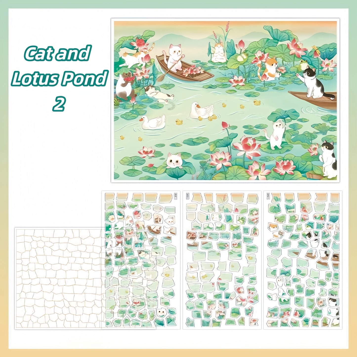 Cat and Lotus 3D Sticker | 2 Cute Miniature Scenes