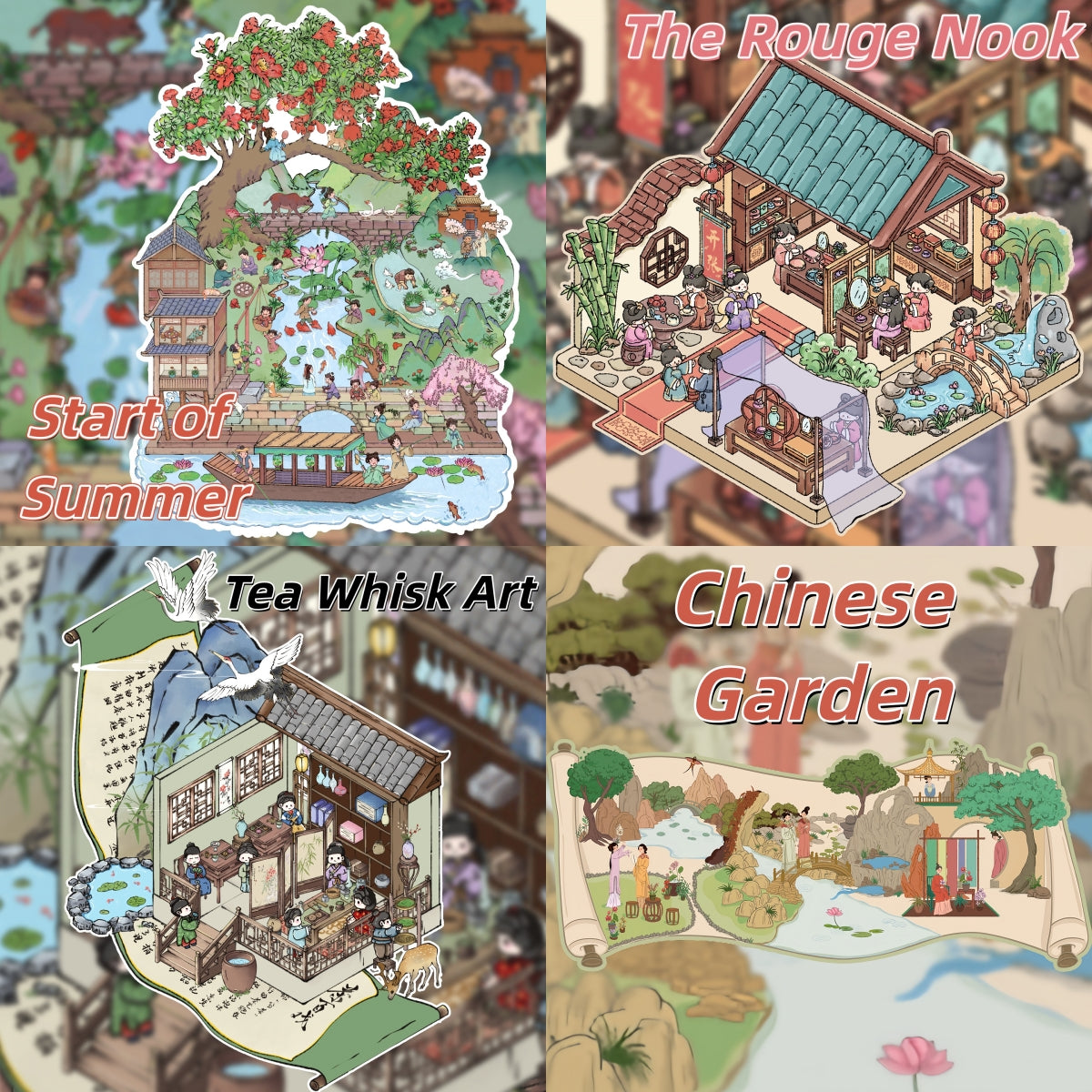 Ancient Chinese Life 3D Sticker | 4 Cute Miniature Scenes