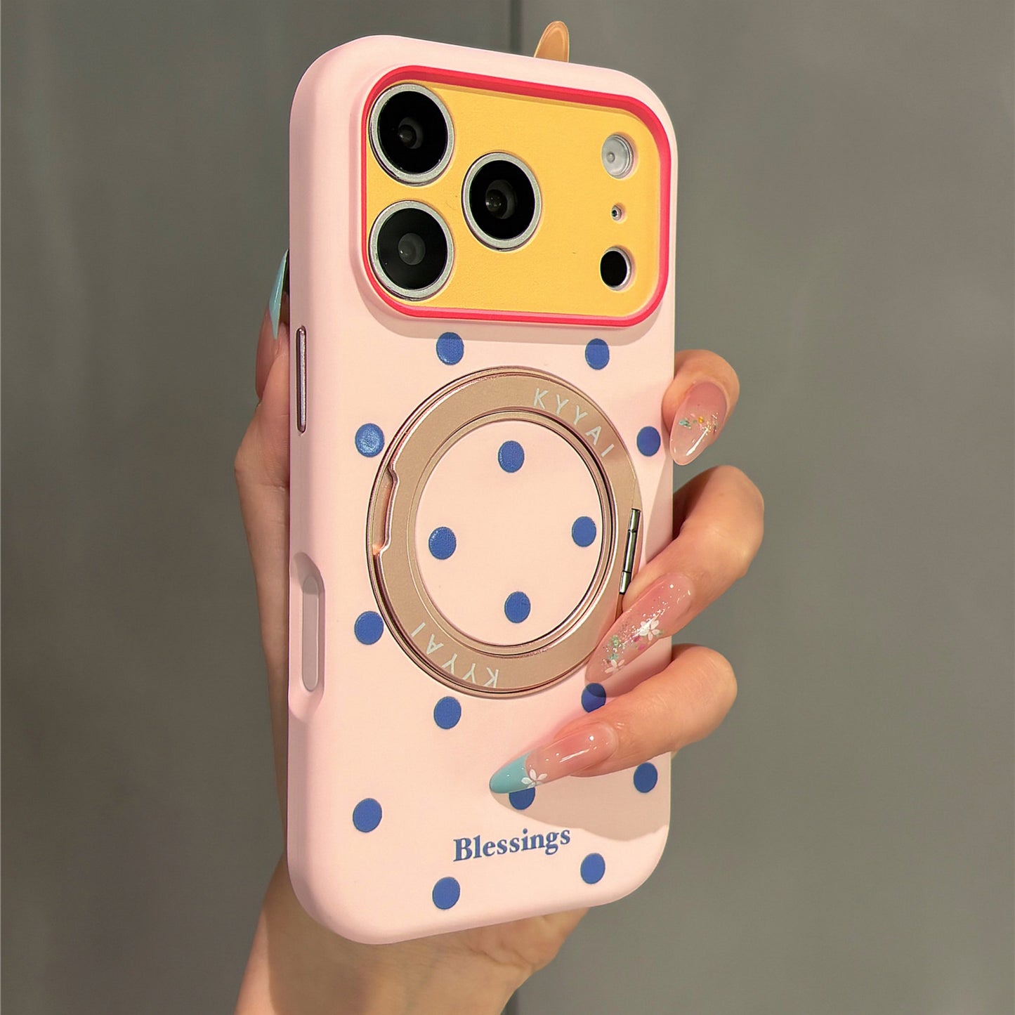 Macaron Color Block Polka Dots Rotating Stand Acrylic Phone Case