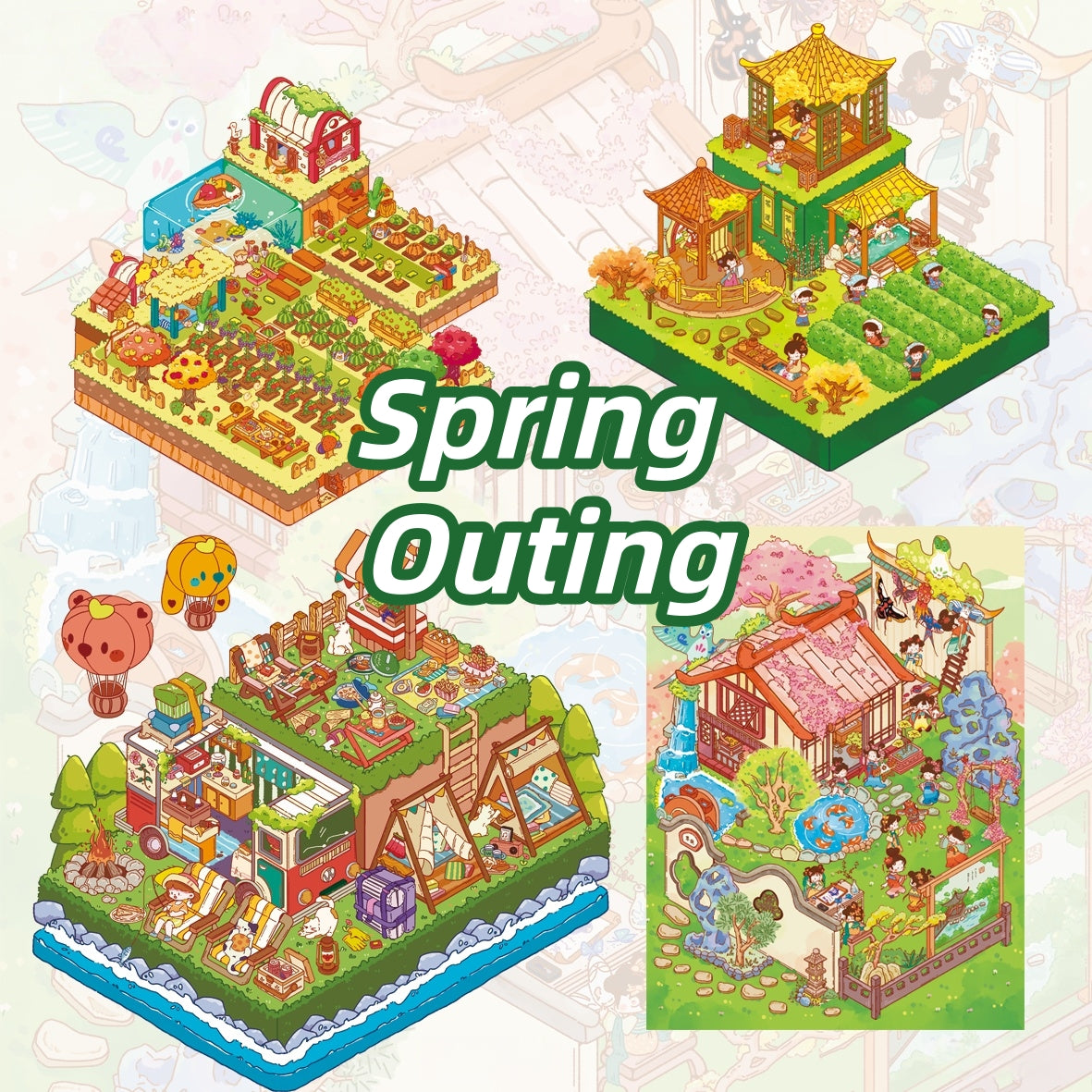 Spring Outing 3D Sticker | 4 Cute Miniature Scenes