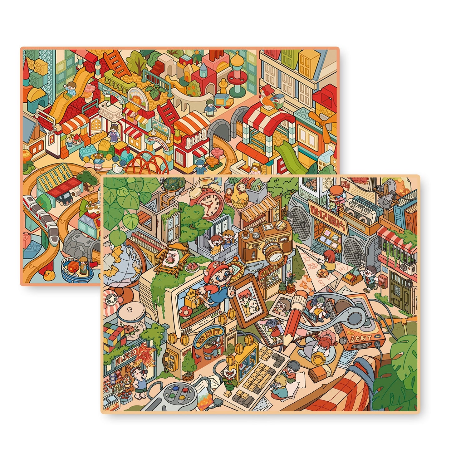 Building Block Town 3D Sticker | 2 Cute Miniature Scenes