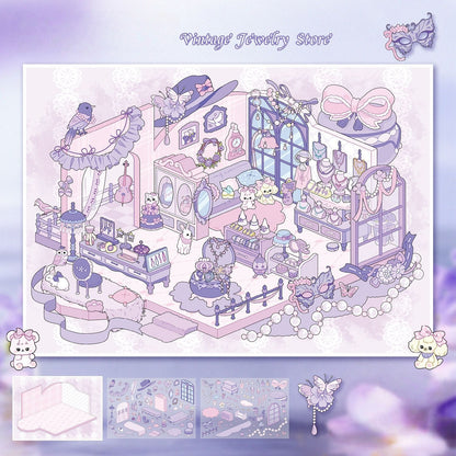 Cute Vintage Shops 3D Sticker | 4 Cute Miniature Scenes