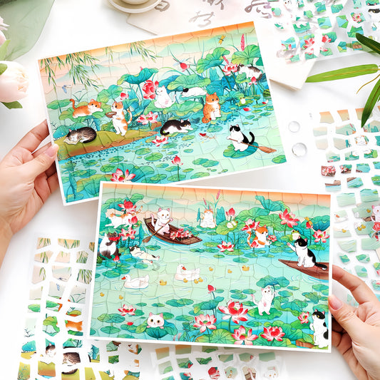 Cat and Lotus 3D Sticker | 2 Cute Miniature Scenes