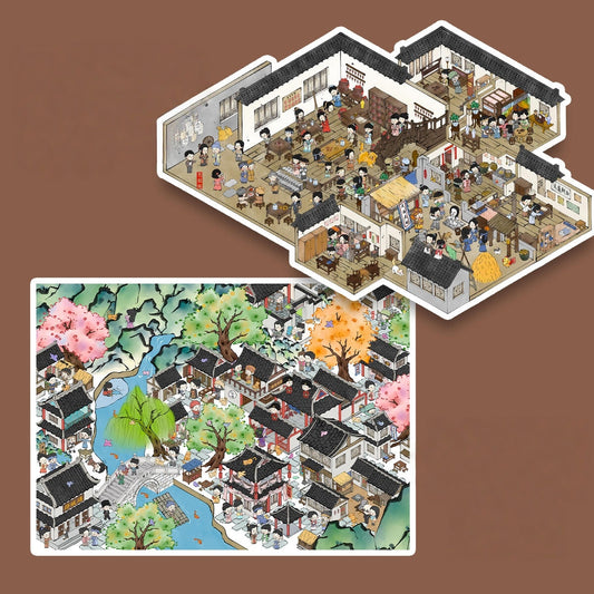 Ancient China Panoramic View 3D Sticker | 2 Cute Miniature Scenes