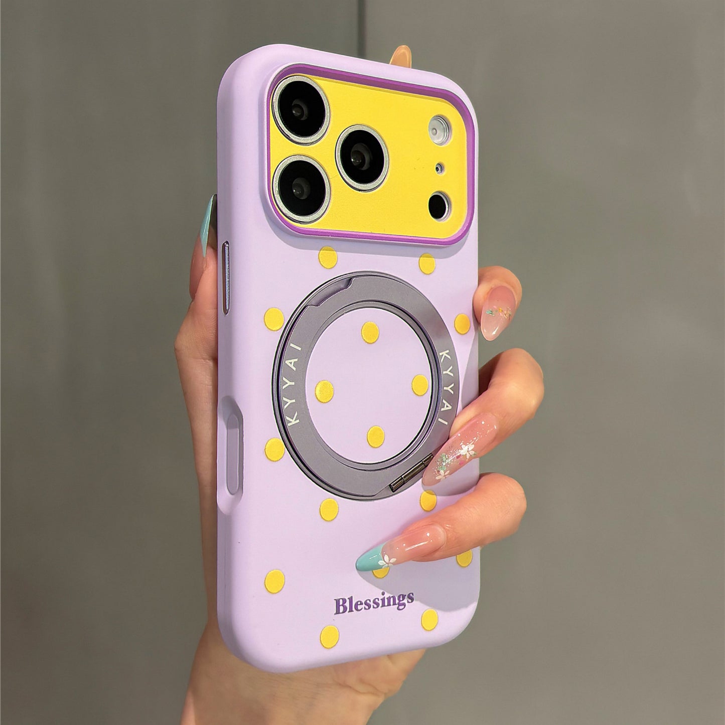 Macaron Color Block Polka Dots Rotating Stand Acrylic Phone Case