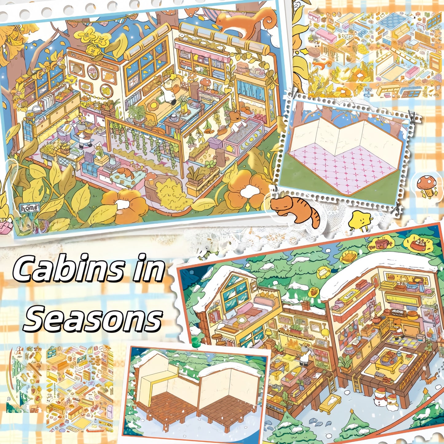 Cabins in Seasons 3D Sticker | 2 Cute Miniature Scenes