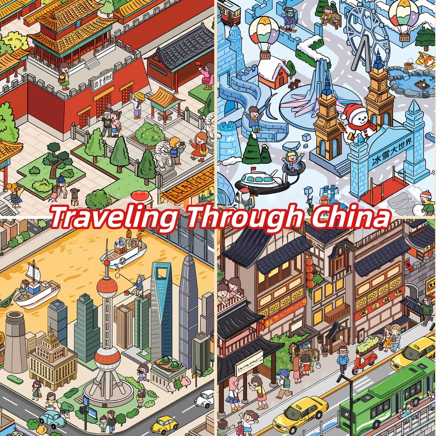 Traveling Through China 3D Sticker | 4 Cute Miniature Scenes