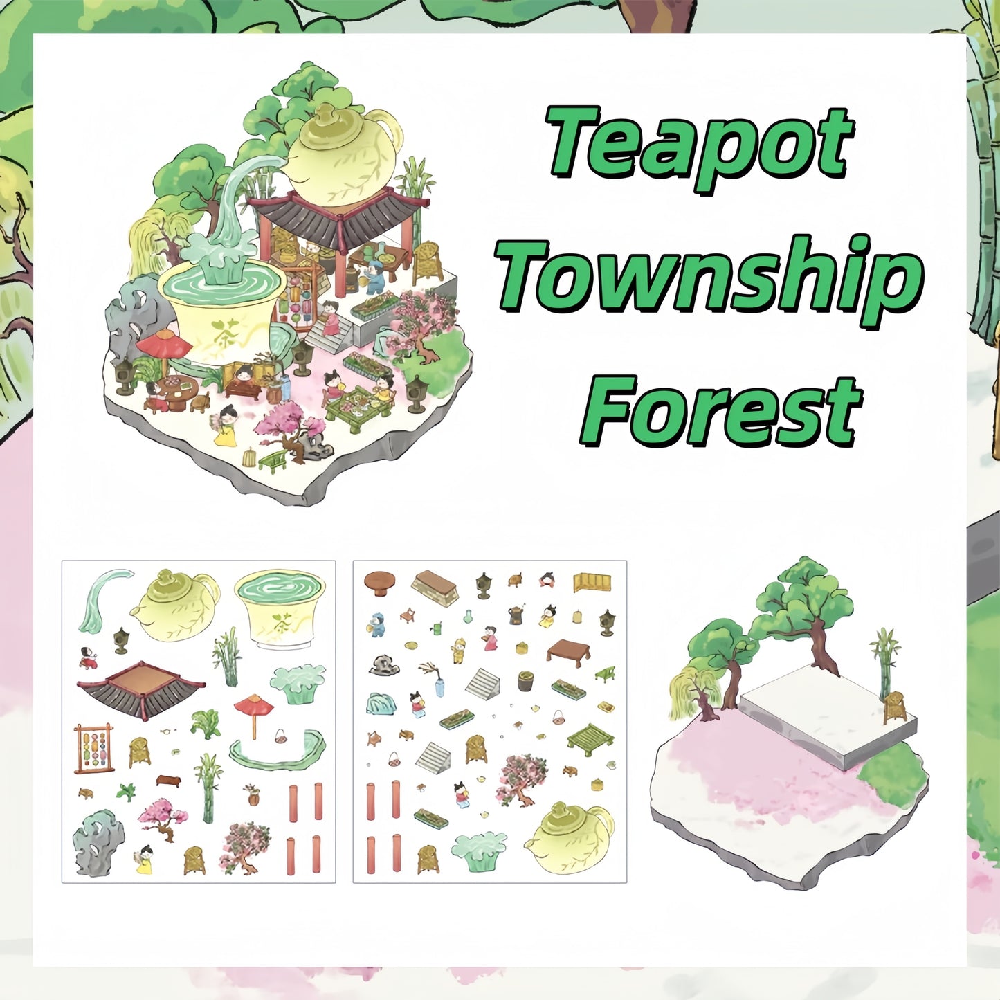 Chinese Garden 3D Sticker | 4 Cute Miniature Scenes