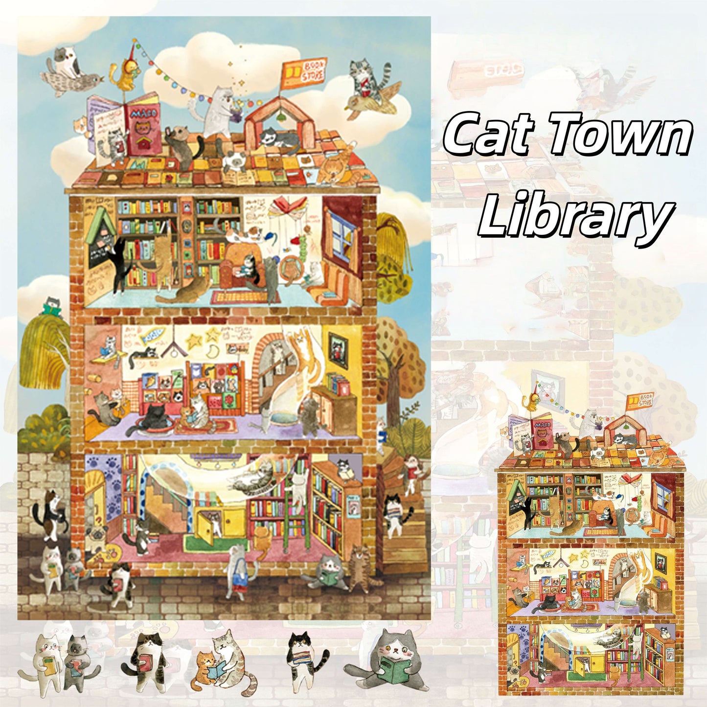 Meow Dream Town 3D Sticker | 6 Cute Miniature Scenes