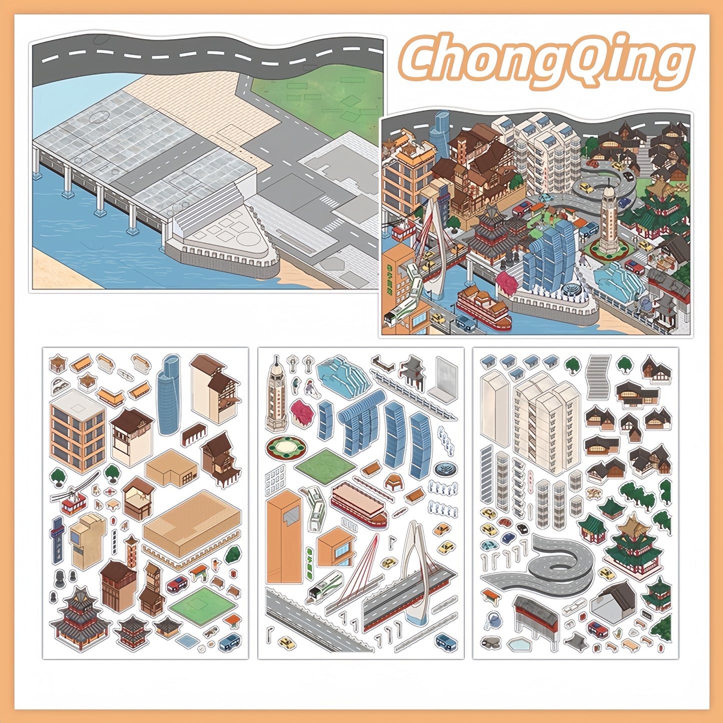 Chinese City 3D Sticker | 2 Cute Miniature Scenes