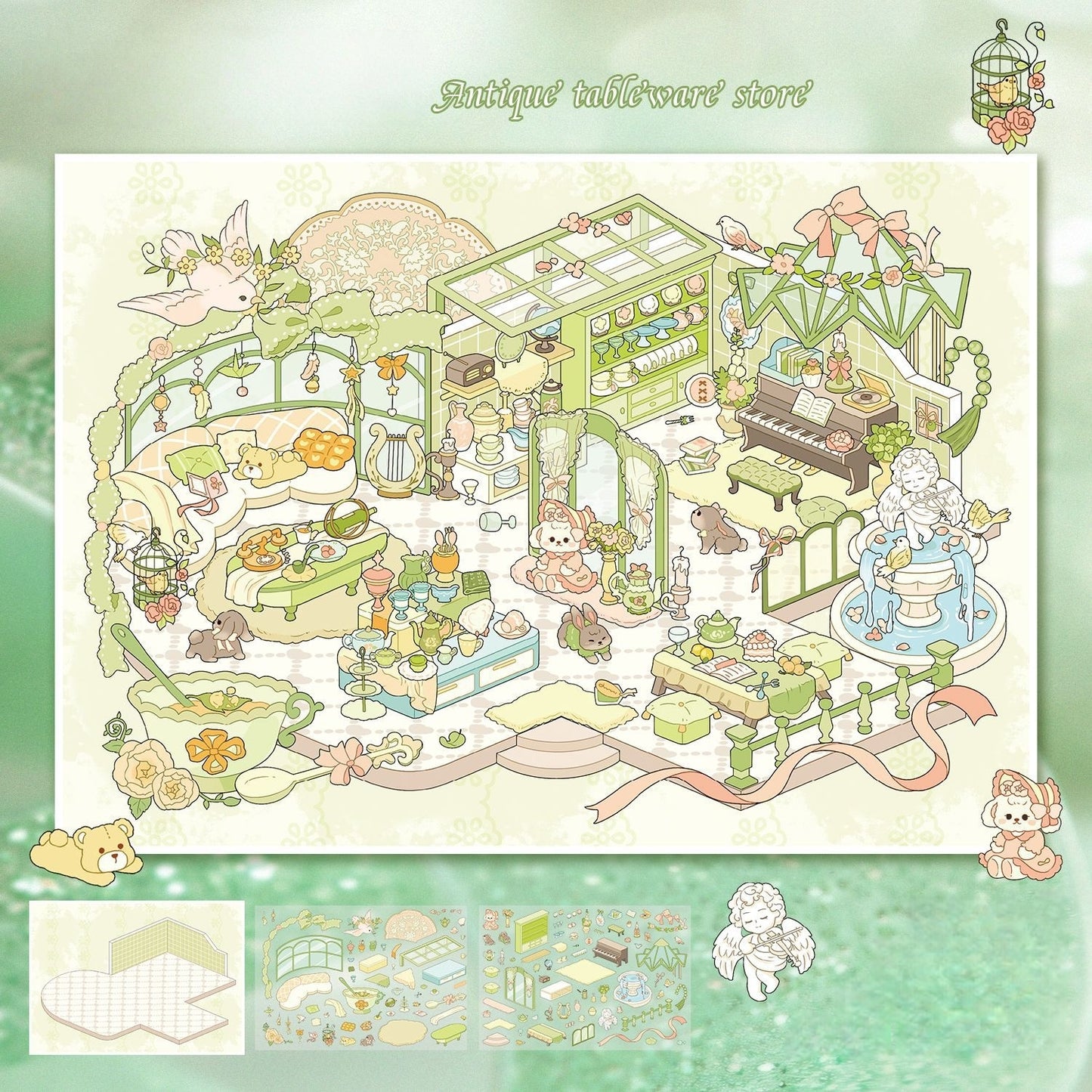 Cute Vintage Shops 3D Sticker | 4 Cute Miniature Scenes