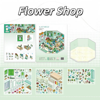Neighborhood Shops 3D Sticker | 4 Cute Miniature Scenes