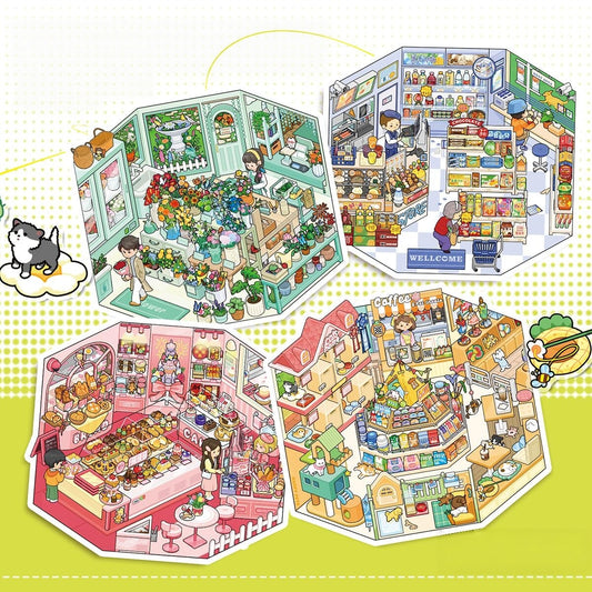 Neighborhood Shops 3D Sticker | 4 Cute Miniature Scenes