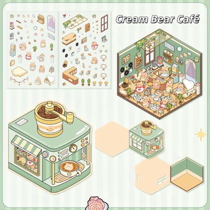 Cream Bear Town 3D Sticker | 4 Cute Miniature Scenes
