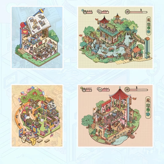 Peach Academy & Ancient Town 3D Sticker | 4 Cute Miniature Scenes