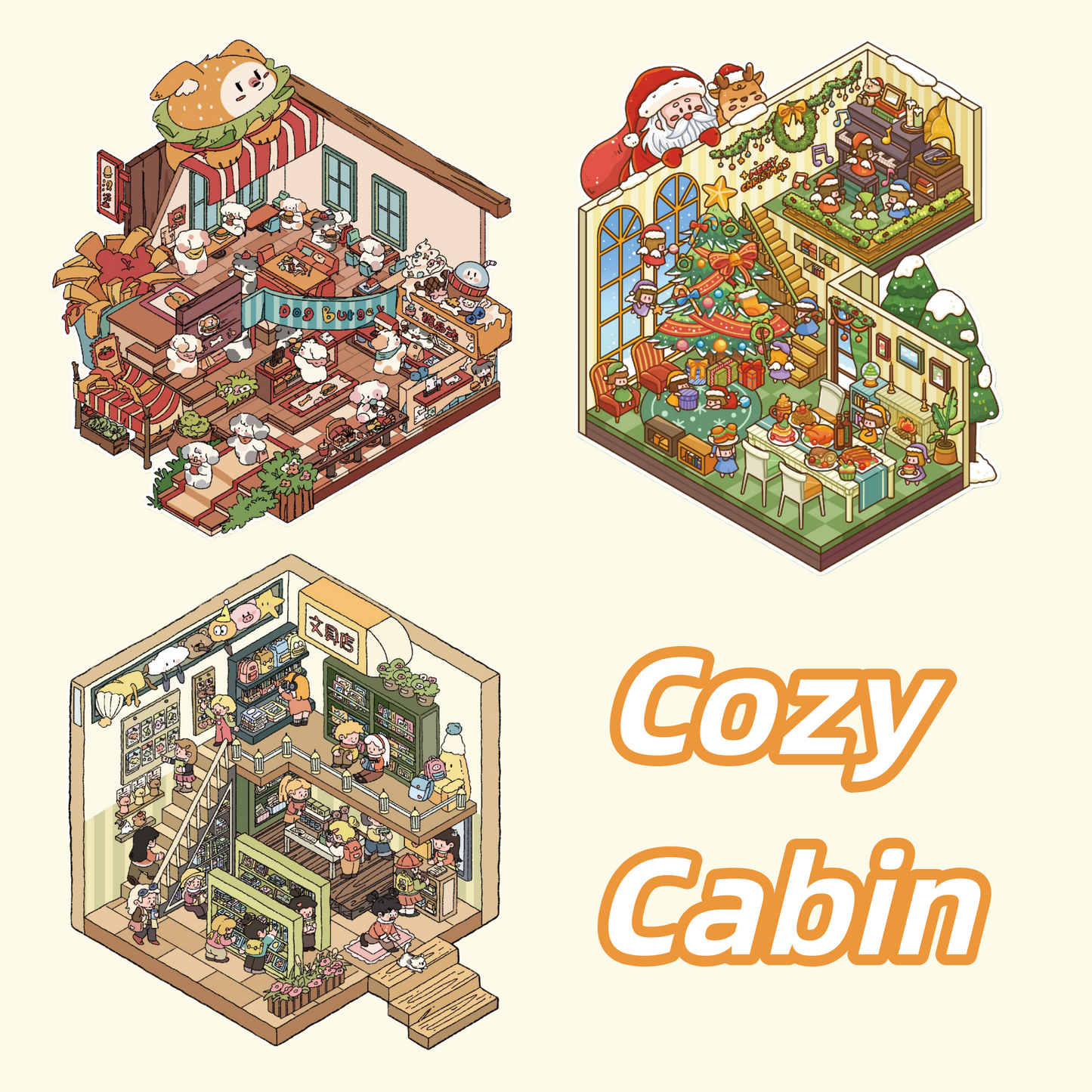 Cozy Cabin 3D Sticker | 3 Cute Miniature Scenes