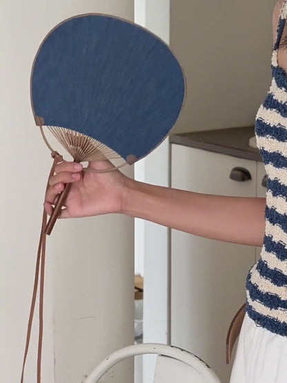 Bamboo Frame Denim Fan with Hanging Rope