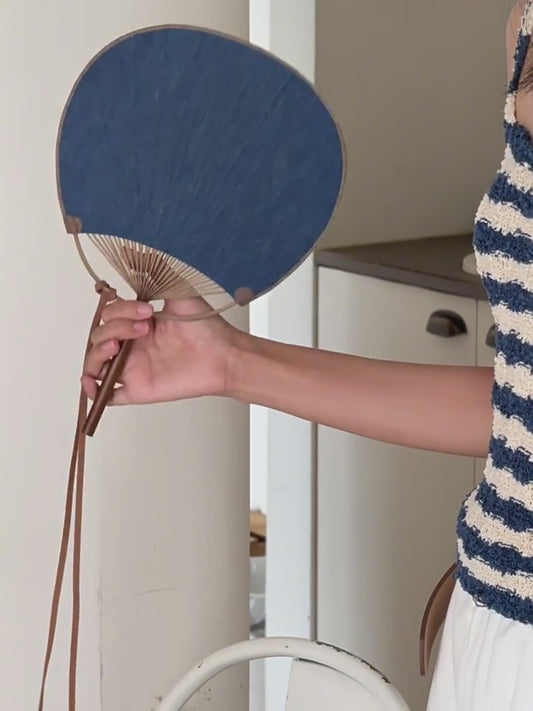 Bamboo Frame Denim Fan with Hanging Rope