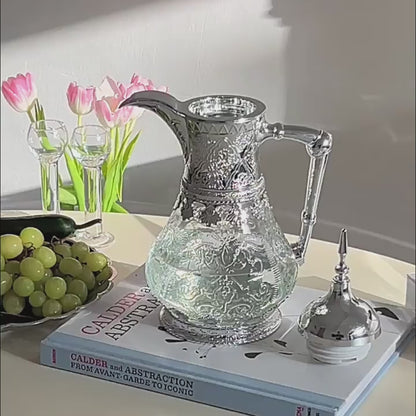 Vintage Carved Embossed Glass Water Pitcher